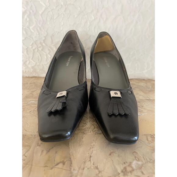 VINTAGE Etienne Aigner black leather mules shoes sz 9.5 - Picture 1 of 6
